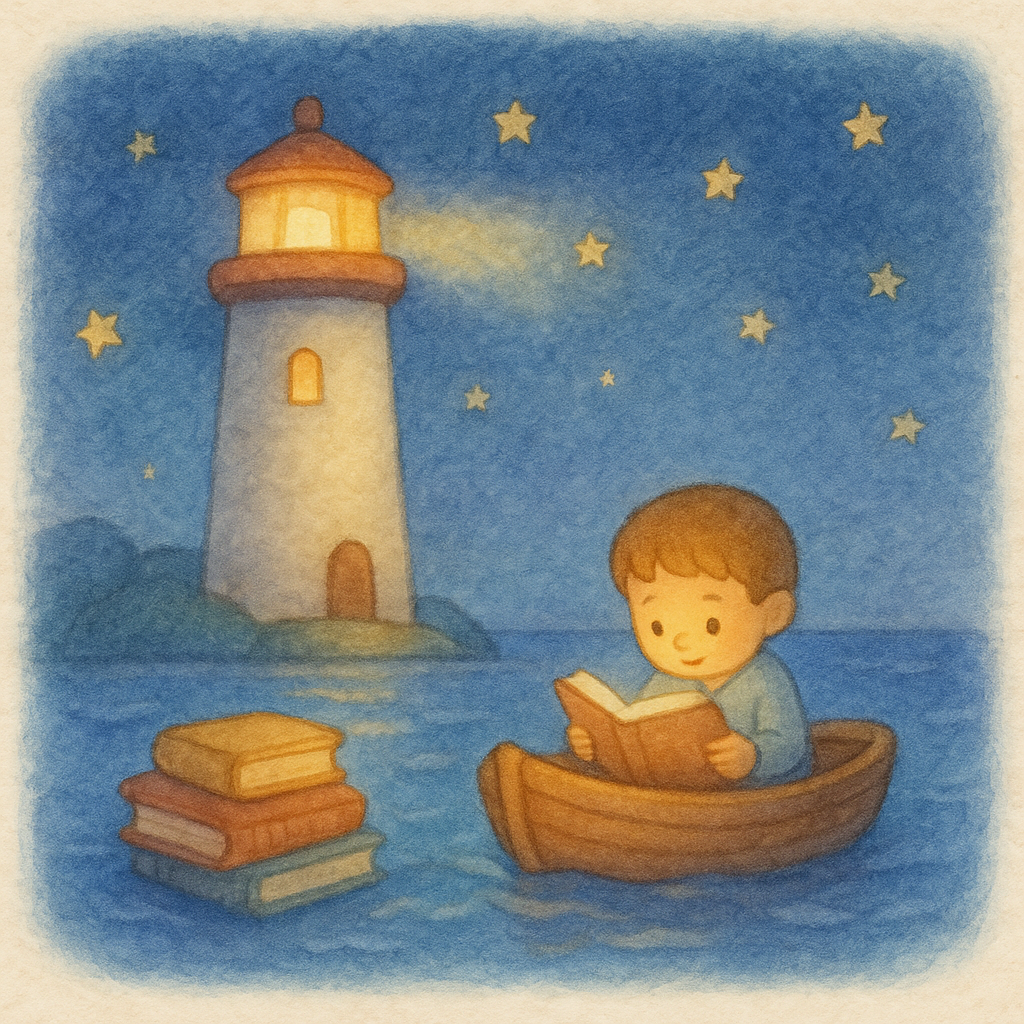 Child reading in boat at night with lighthouse and stars