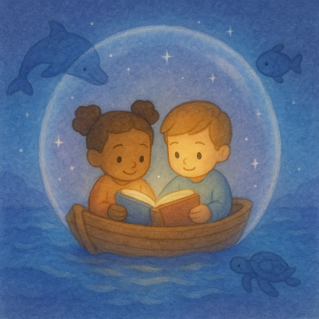 Two children reading together in boat under starry night sky