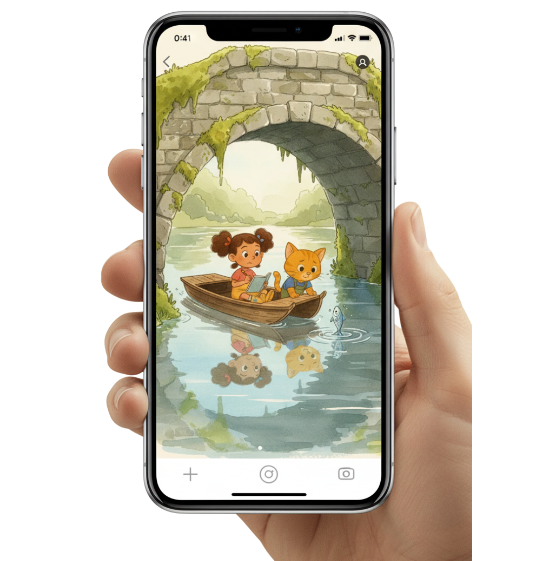 Story Ship - Beautiful watercolor illustration of girl and cat in boat